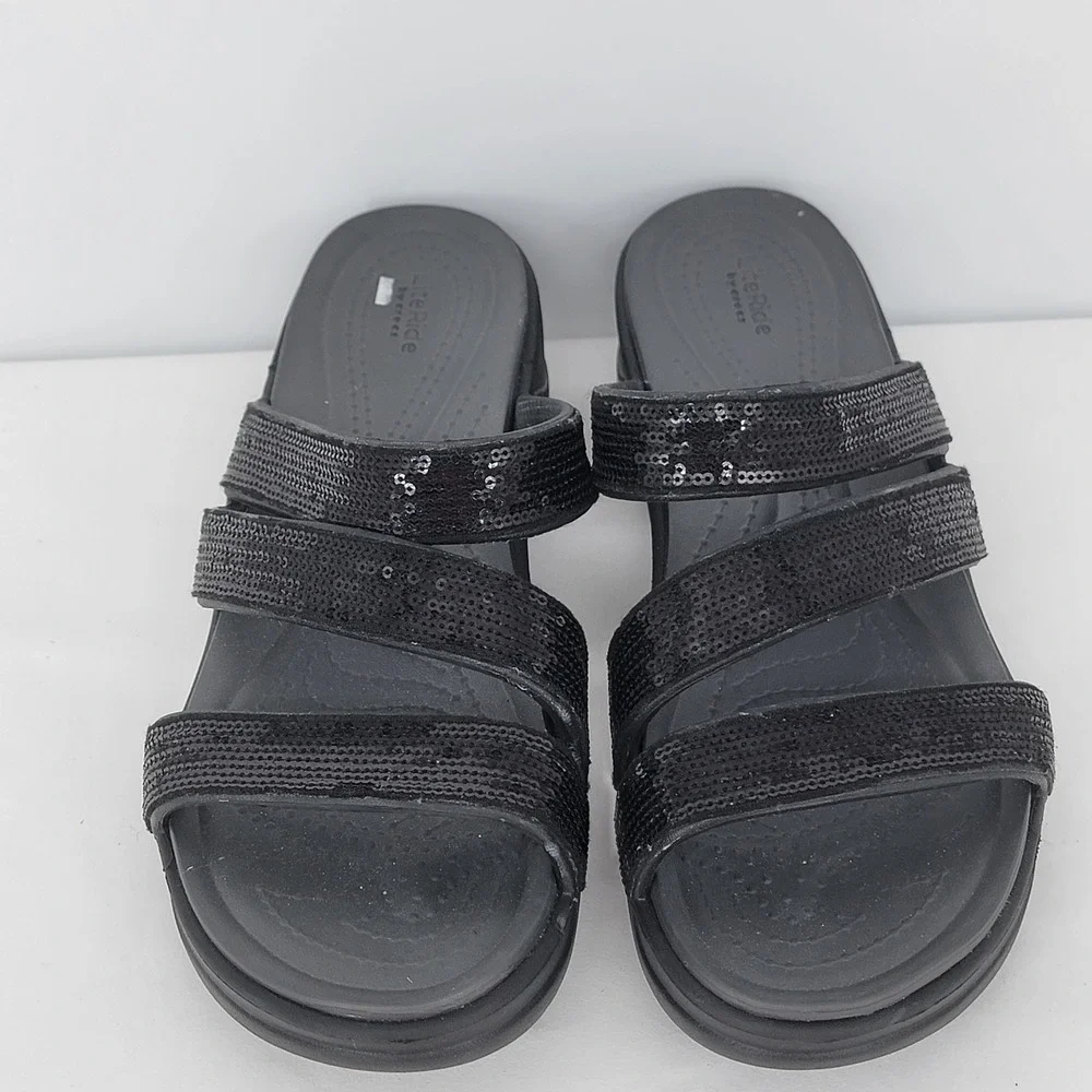 Crocs LiteRide Sequin Colorblock Wedge Sandals Womens 11 Black Strappy Slides